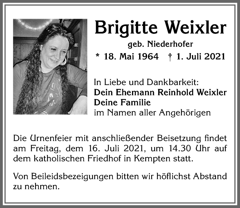  Traueranzeige für Brigitte Weixler vom 10.07.2021 aus Allgäuer Zeitung,Kempten