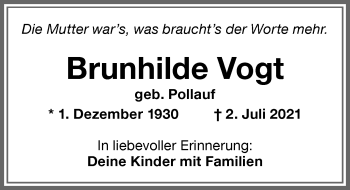 Traueranzeige von Brunhilde Vogt von Memminger Zeitung
