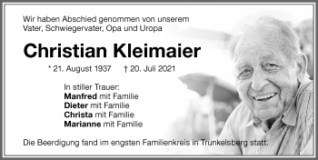 Traueranzeige von Christian Kleimaier von Memminger Zeitung