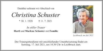 Traueranzeige von Christina Schuster von Allgäuer Zeitung, Füssen