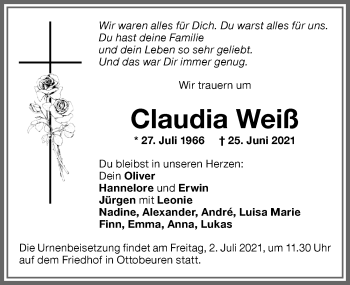 Traueranzeige von Claudia Weiß von Memminger Zeitung