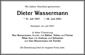 Traueranzeige von Dieter Wassermann von Allgäuer Zeitung,Kempten