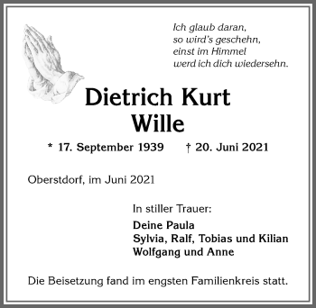 Traueranzeige von Dietrich Kurt Wille von Allgäuer Anzeigeblatt