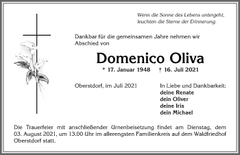 Traueranzeige von Domenico Oliva von Allgäuer Anzeigeblatt
