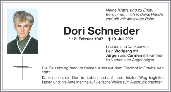 Traueranzeige von Dori Schneider von Memminger Zeitung