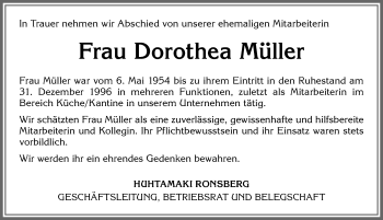 Traueranzeige von Dorothea Müller von Allgäuer Zeitung, Marktoberdorf