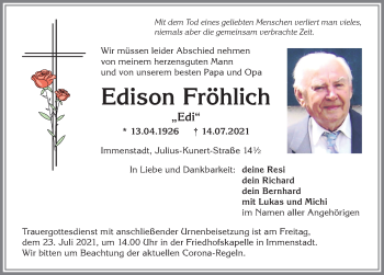 Traueranzeige von Edison Fröhlich von Allgäuer Anzeigeblatt