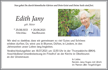 Traueranzeige von Edith Jany von Allgäuer Zeitung, Kaufbeuren/Buchloe