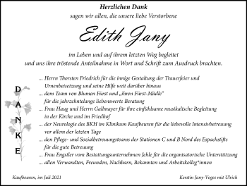 Traueranzeige von Edith Jany von Allgäuer Zeitung, Kaufbeuren/Buchloe