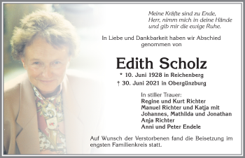 Traueranzeige von Edith Scholz von Allgäuer Zeitung,Kempten