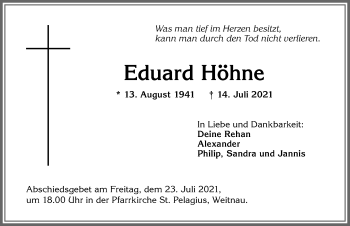 Traueranzeige von Eduard Höhne von Allgäuer Zeitung,Kempten
