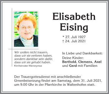 Traueranzeige von Elisabeth Eising von Allgäuer Zeitung,Kempten