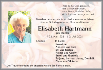 Traueranzeige von Elisabeth Hartmann von Allgäuer Zeitung,Kempten