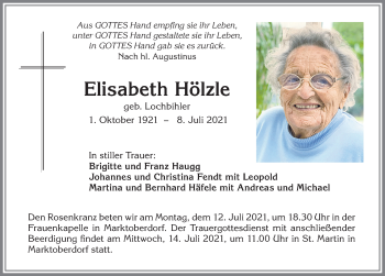 Traueranzeige von Elisabeth Hölzle von Allgäuer Zeitung, Marktoberdorf