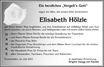 Traueranzeige von Elisabeth Hölzle von Allgäuer Zeitung, Marktoberdorf
