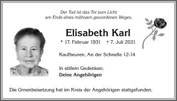 Traueranzeige von Elisabeth Karl von Allgäuer Zeitung, Kaufbeuren/Buchloe