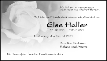 Traueranzeige von Else Haller von Der Westallgäuer