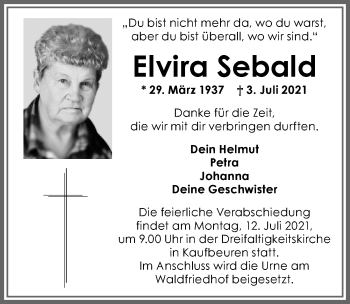 Traueranzeige von Elvira Sebald von Allgäuer Zeitung, Kaufbeuren/Buchloe