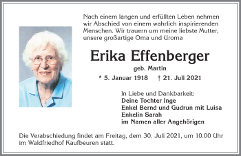 Traueranzeige von Erika Effenberger von Allgäuer Zeitung, Kaufbeuren/Buchloe