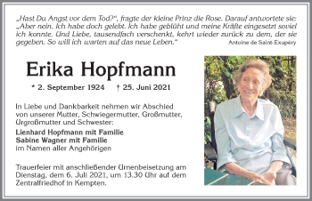 Traueranzeige von Erika Hopfmann von Allgäuer Zeitung,Kempten