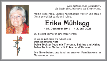 Traueranzeige von Erika Mühlegg von Allgäuer Zeitung, Kaufbeuren/Buchloe