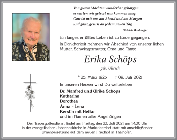 Traueranzeige von Erika Schöps von Allgäuer Zeitung, Marktoberdorf