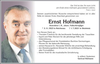 Traueranzeige von Ernst Hofmann von Allgäuer Zeitung, Kaufbeuren/Buchloe