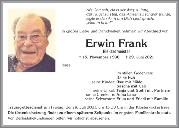 Traueranzeige von Erwin Frank von Allgäuer Zeitung, Kaufbeuren/Buchloe