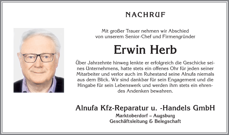  Traueranzeige für Erwin Herb vom 28.07.2021 aus Allgäuer Zeitung