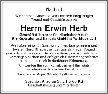 Traueranzeige von Erwin Herb von Allgäuer Zeitung