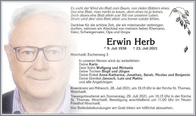  Traueranzeige für Erwin Herb vom 27.07.2021 aus Allgäuer Zeitung