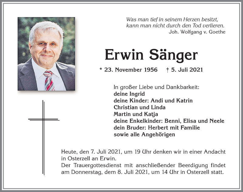  Traueranzeige für Erwin Sänger vom 07.07.2021 aus Allgäuer Zeitung, Kaufbeuren/Buchloe