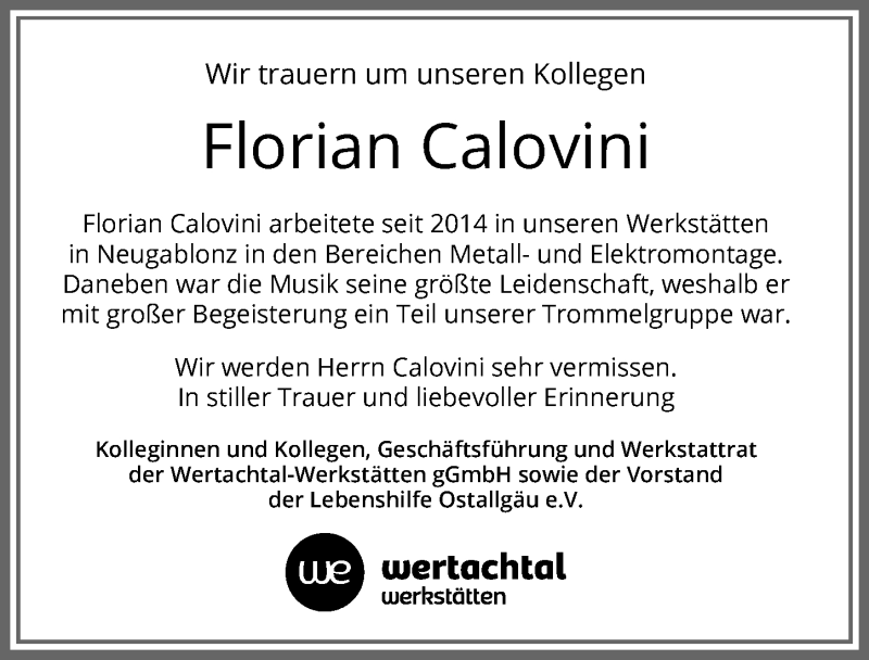  Traueranzeige für Florian Calovini vom 28.07.2021 aus Allgäuer Zeitung, Kaufbeuren/Buchloe