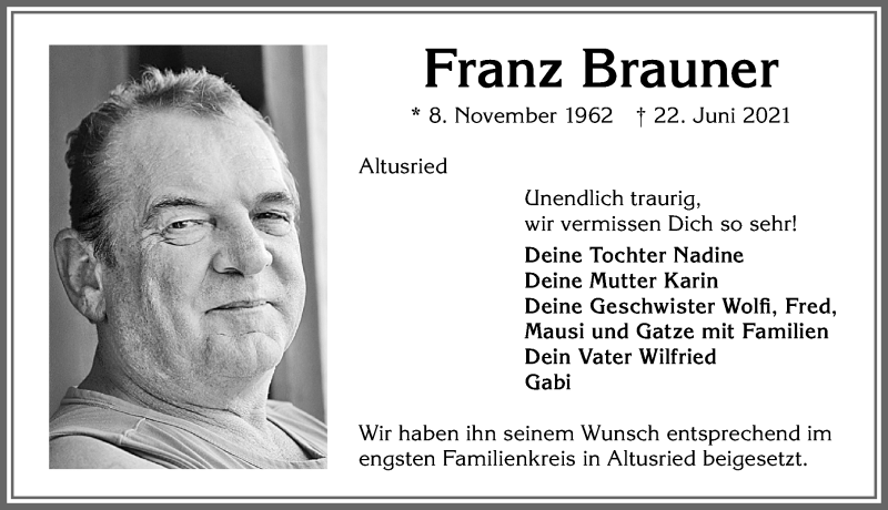  Traueranzeige für Franz Brauner vom 01.07.2021 aus Allgäuer Zeitung,Kempten