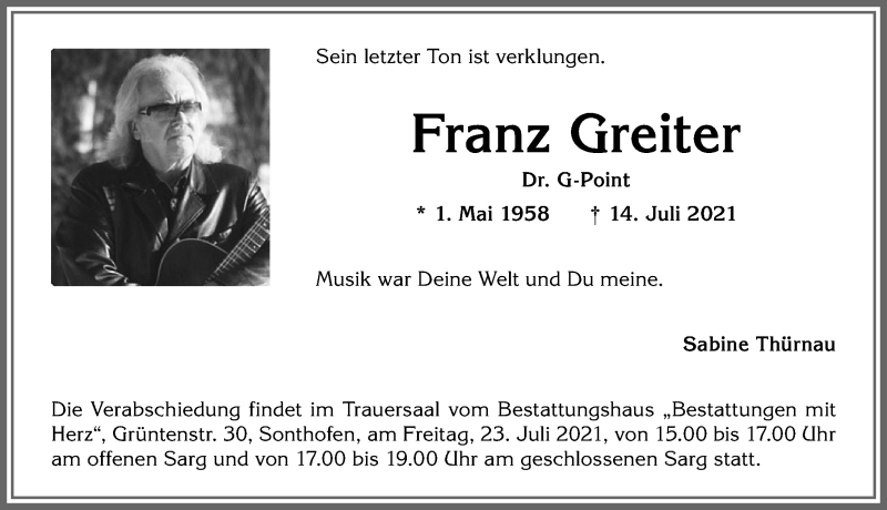  Traueranzeige für Franz Greiter vom 17.07.2021 aus Allgäuer Zeitung