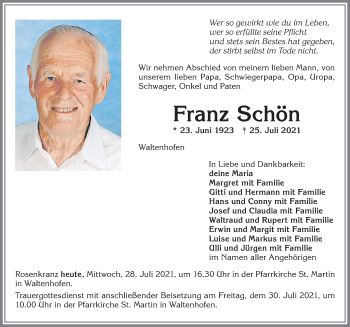 Traueranzeige von Franz Schön von Allgäuer Zeitung,Kempten