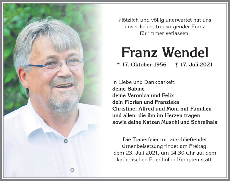  Traueranzeige für Franz Wendel vom 21.07.2021 aus Allgäuer Zeitung,Kempten