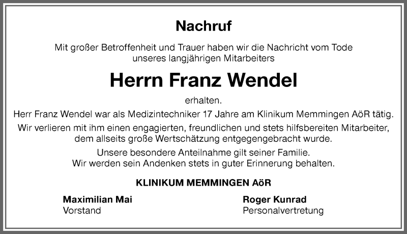  Traueranzeige für Franz Wendel vom 23.07.2021 aus Memminger Zeitung