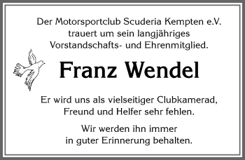 Traueranzeige von Franz Wendel von Allgäuer Zeitung,Kempten