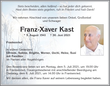 Traueranzeige von Franz-Xaver Kast von Allgäuer Zeitung, Kaufbeuren/Buchloe