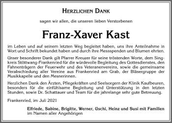 Traueranzeige von Franz-Xaver Kast von Allgäuer Zeitung, Kaufbeuren/Buchloe