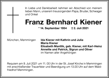 Traueranzeige von Franz Bernhard Kiener von Memminger Zeitung
