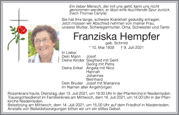 Traueranzeige von Franziska Hempfer von Memminger Zeitung