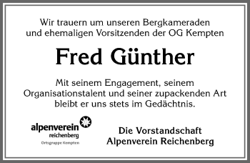 Traueranzeige von Fred Günther von Allgäuer Zeitung,Kempten