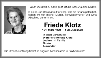 Traueranzeige von Frieda Klotz von Memminger Zeitung