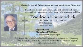 Traueranzeige von Friedrich Hamatschek von Allgäuer Zeitung, Marktoberdorf