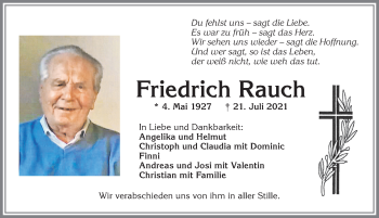 Traueranzeige von Friedrich Rauch von Allgäuer Zeitung, Kaufbeuren/Buchloe