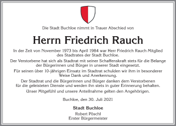 Traueranzeige von Friedrich Rauch von Allgäuer Zeitung, Kaufbeuren/Buchloe