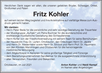 Traueranzeige von Fritz Kohler von Memminger Zeitung