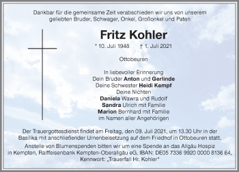 Traueranzeige von Fritz Kohler von Memminger Zeitung